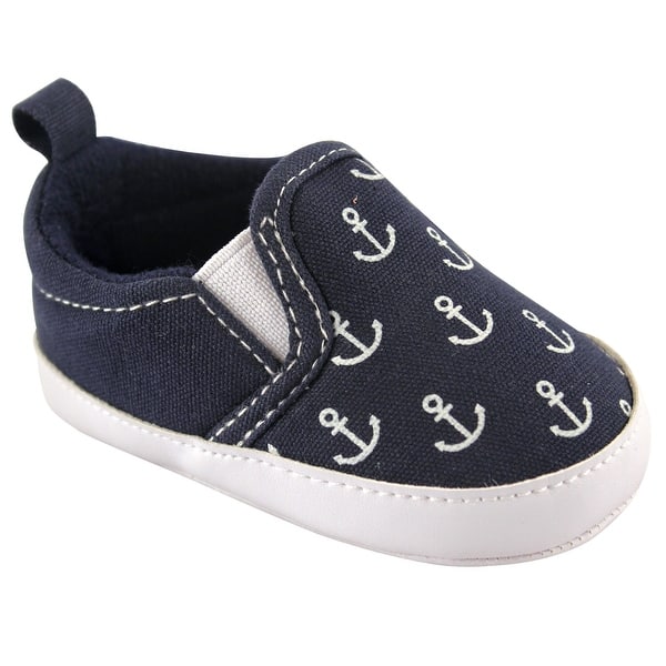 slide 1 of 1, Luvable Friends Baby Boy Crib Shoes, Navy Anchor 0-6 Months - Navy Anchor
