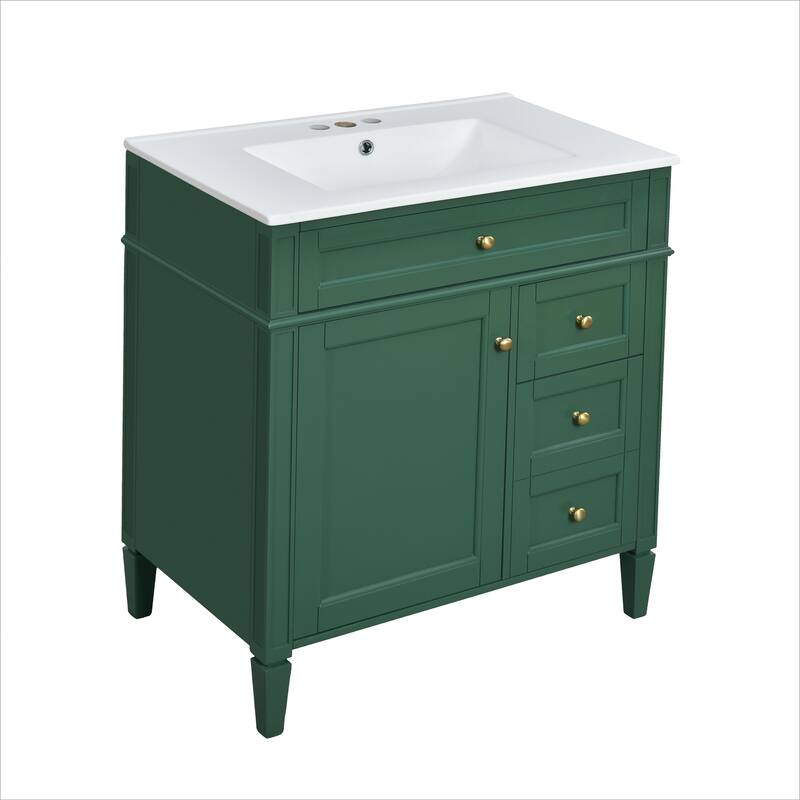 GDFStudio - Caldwell Modern Bathroom Vanity with Ceramic Sink, 2 Storage Drawers and Tip-Out Organizer - 30'W