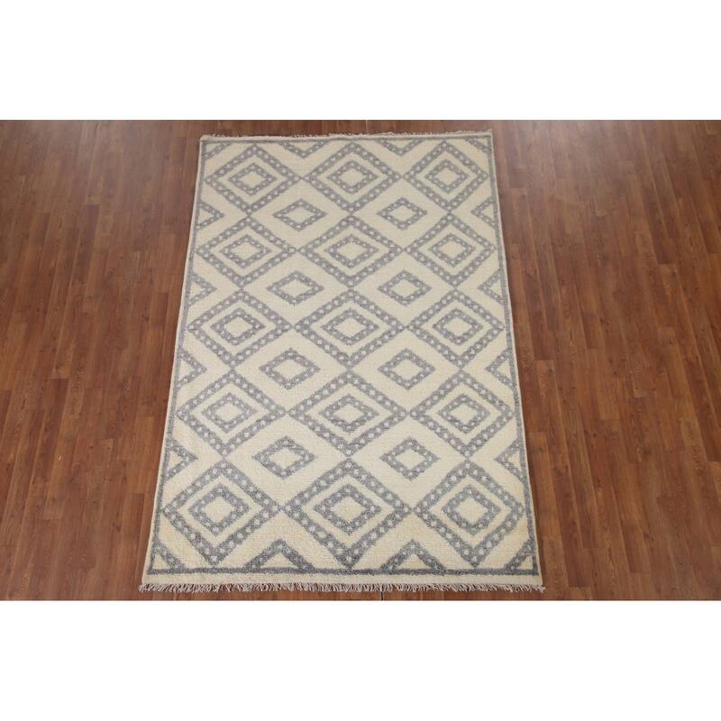 Hand Knotted Oriental 100% Wool Carpet Modern Geometric Beige & Ivories Moroccan Area Rug - 7' 8'' X 5' 3''