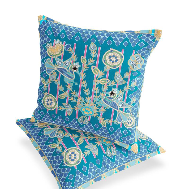 HomeRoots Set of Two 16" X 16" Blue and Green Peacock Blown Seam Floral Indoor Outdoor Throw Pillow - 16.00' X '16.00' X '5.00
