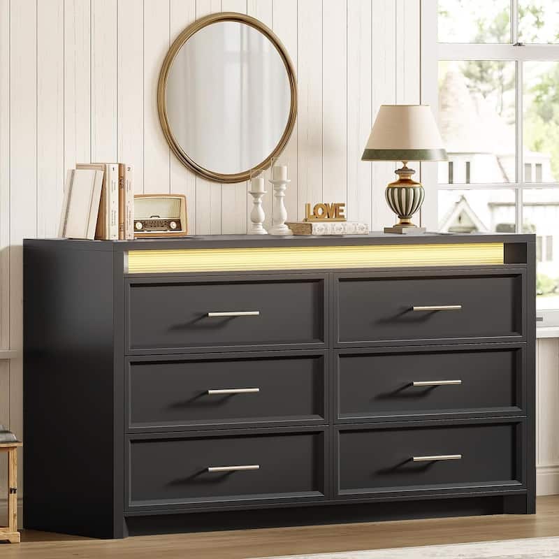 Dresser for Bedroom with Drawers Mid-Century Modern Dresser 3 Color Lights - Black - 6-drawer