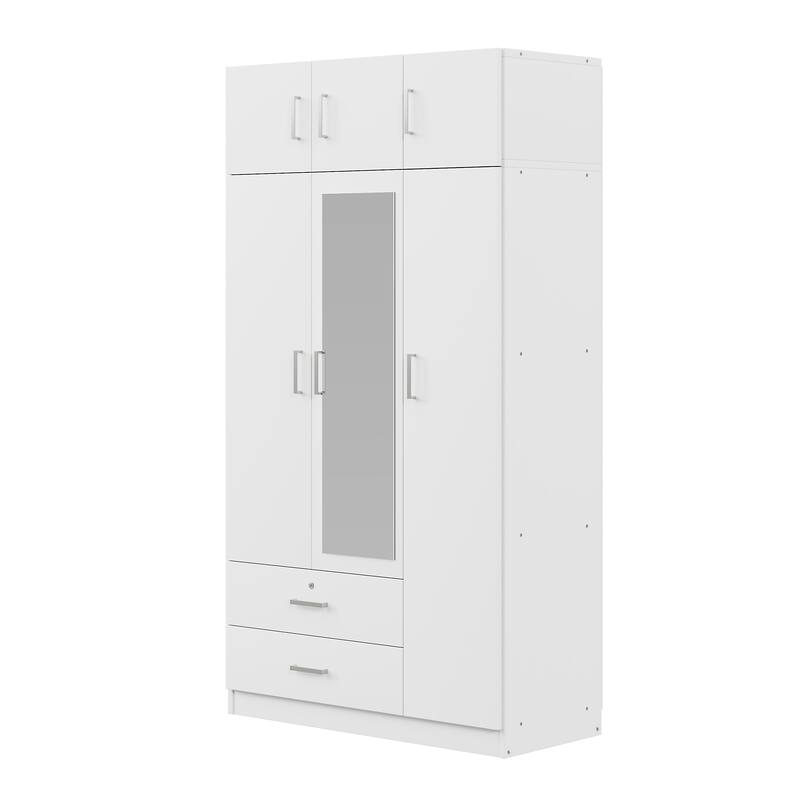 3-Door Wardrobe with Dressing Mirror Door for Rental Housing Bedroom, Mirror Armoires Closet with 2 Drawers & Top Cabinet, White