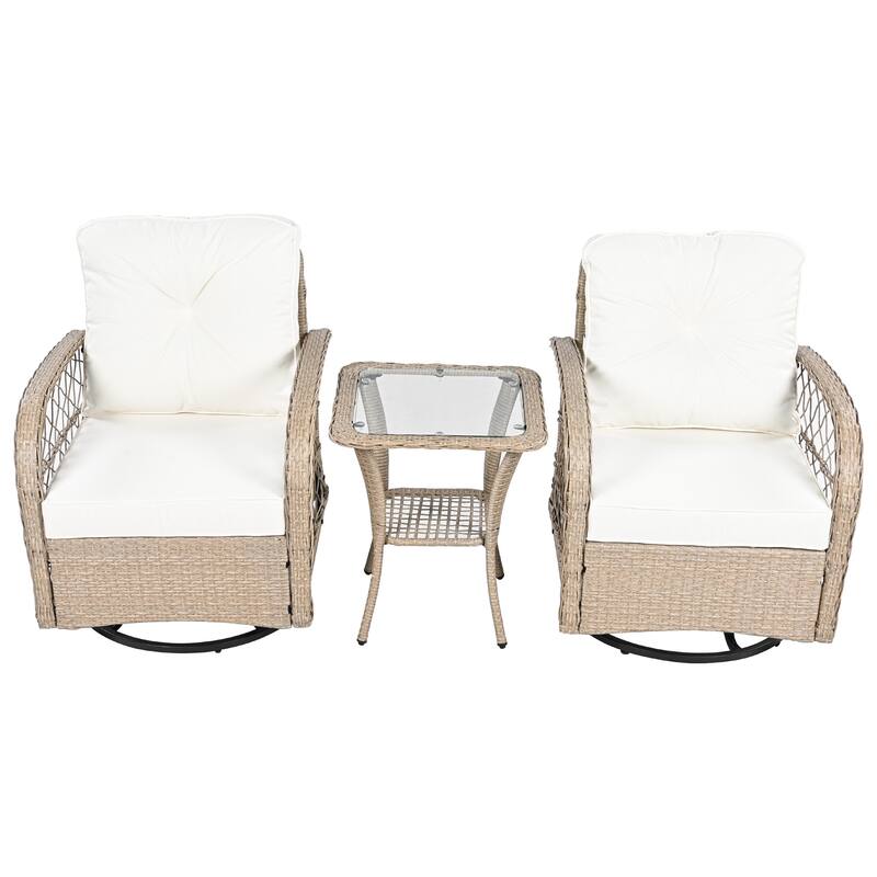 3-Piece Outdoor Chair Table Set Chat with Square Table & 2 Swiveling Chairs Set 2-person Rattan Seating Group for Garden