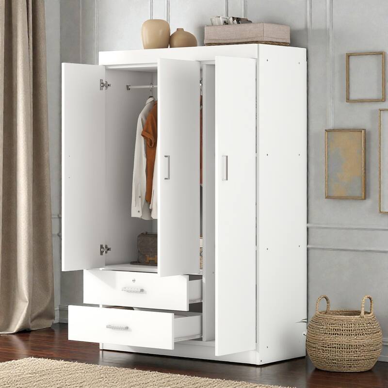 3 Door Wardrobe Closet with 2 Drawers, Modern White Freestanding Armoire Storage Cabinet for Bedroom