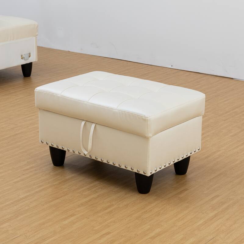 White Faux Leather Storage Ottoman for Entryway