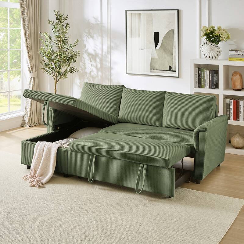Convertible Corduroy Modular Loveseat Pull-Out Sleeper with Storage Chaise and Reclining Backrest for Living Room
