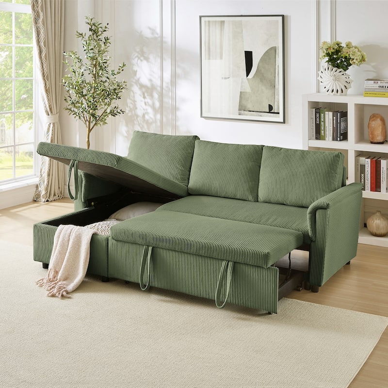Pull-out Daybed L-Shaped Loveseat Sofa with Storage Chaise Lounge Convertible Sleeper Sofa Bed Tufted Upholstered Reclining
