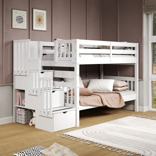 slide 2 of 37, Taylor & Olive Trillium Twin over Twin Stairway Bunk Bed, 3 Steps White