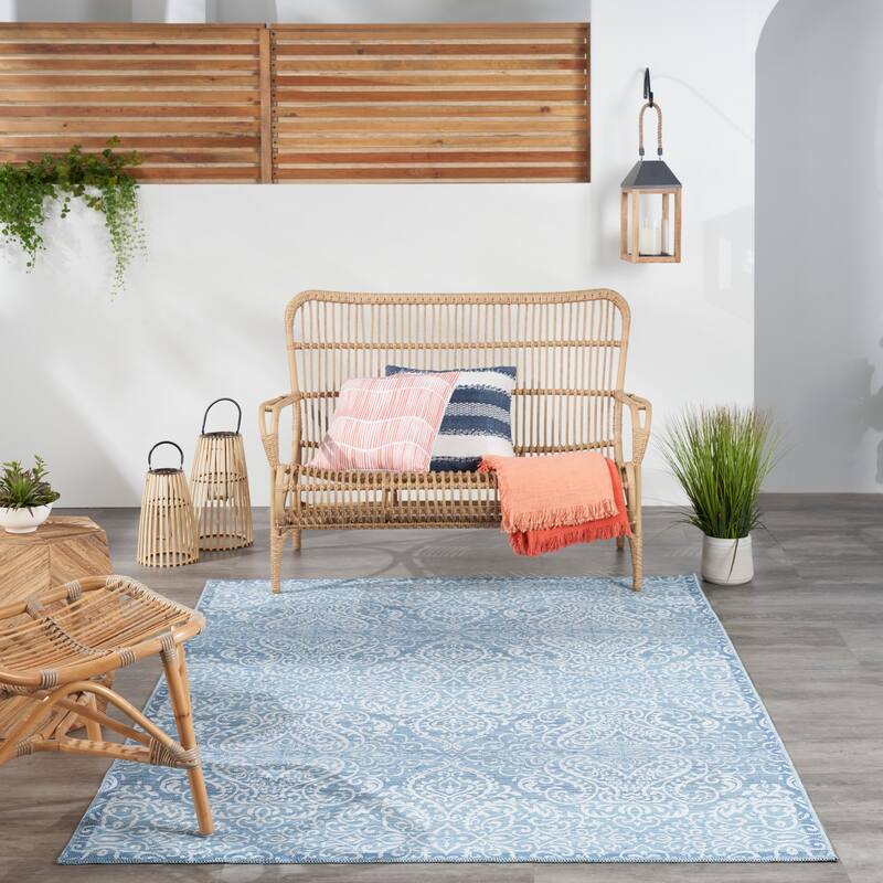 Waverly Machine Washable Botanical Damask Area Rug - 7'10" x 9'10" - Blue