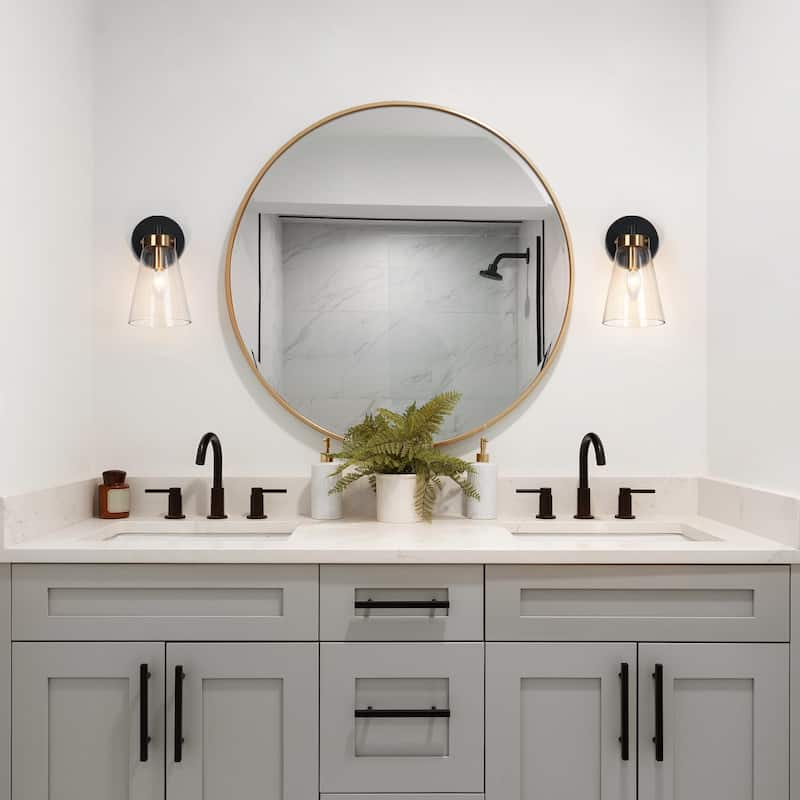 Glint 1-Light Black Gold Armed Wall Sconce Clear Glass Bathroom Vanity Light - 5'' L x 6.5'' W x 10'' H