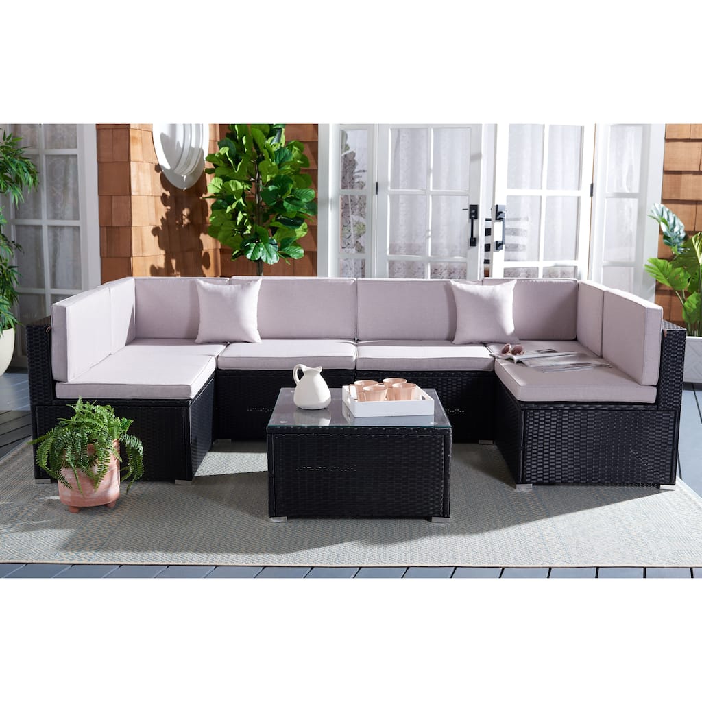 SAFAVIEH Outdoor Patio Furniture Angeles Sectional Seating Set with Glass Top Coffee Table - 23W x 26D x 26H