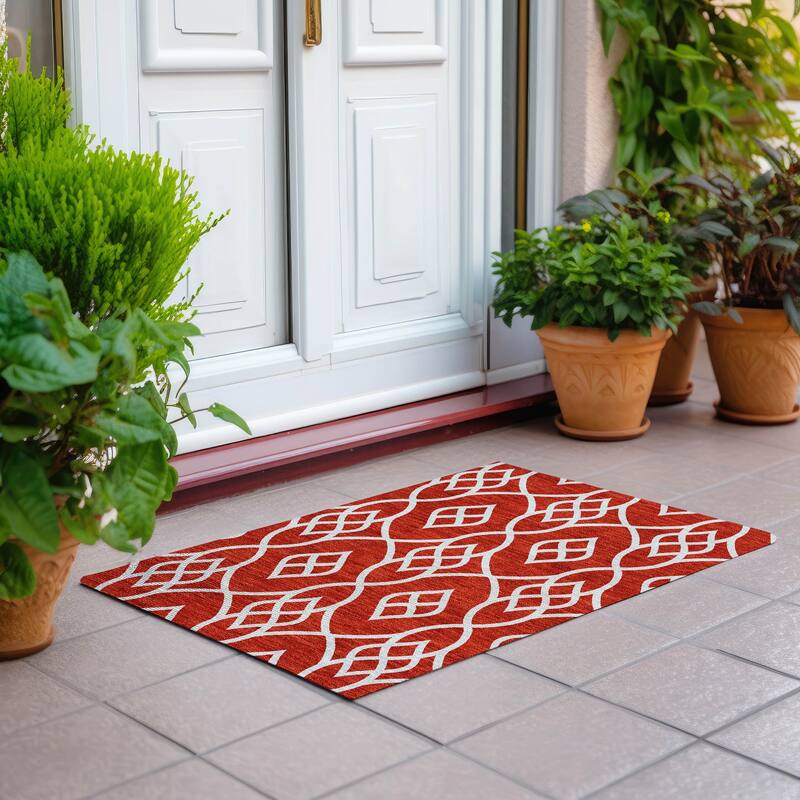 Machine Washable Indoor/ Outdoor Chantille Trellis Modern Rug - Red - 1'8" x 2'6"