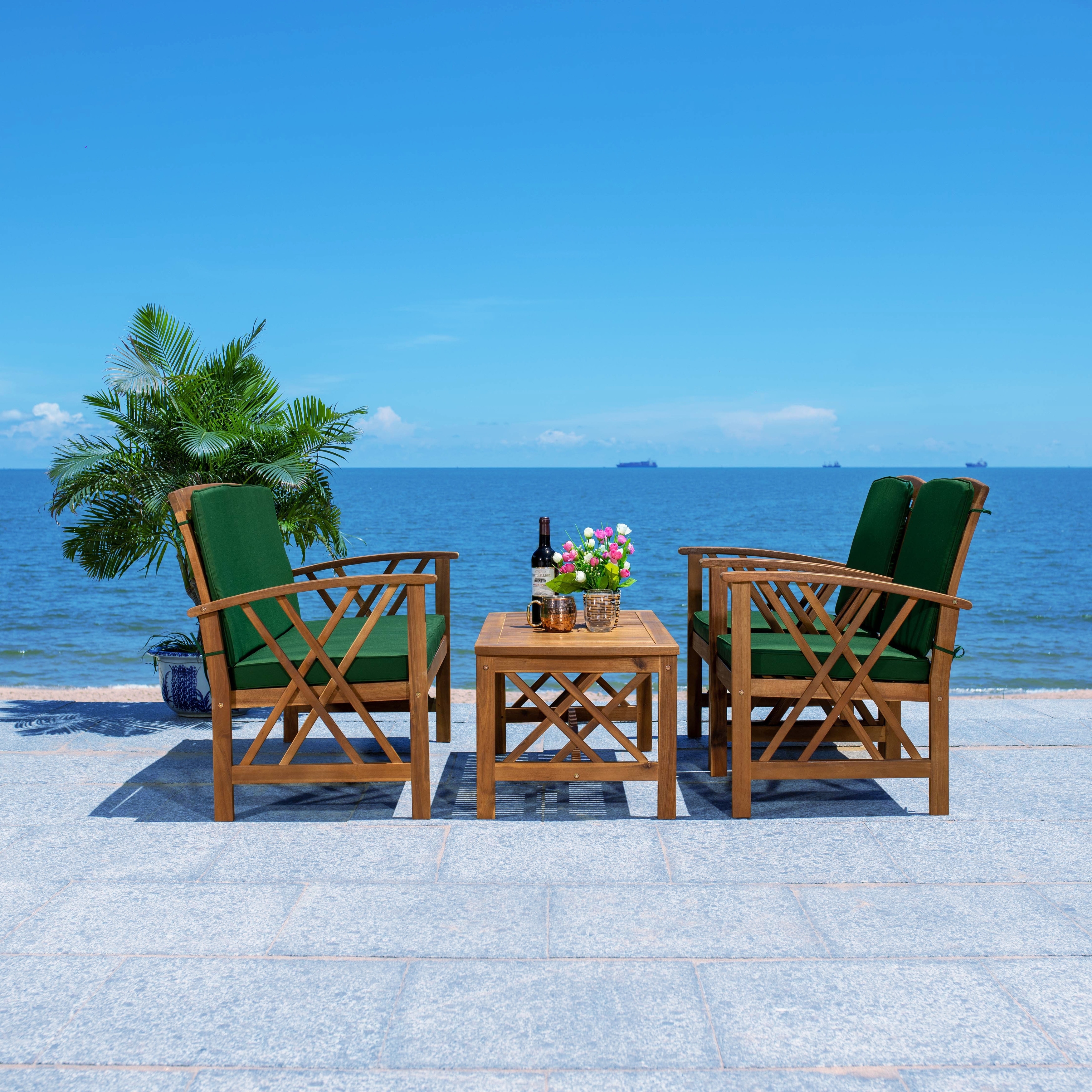 SAFAVIEH Fontana 4 piece Acacia Solid Wood Outdoor Conversation Patio Set Bed Bath Beyond 9003745