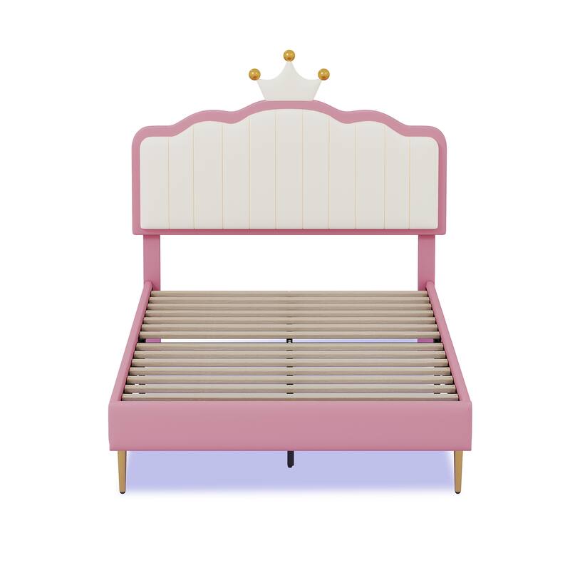 Twin/Full Size Upholstered Kids Princess Bed with Crown Headboard, PU Leather Platform Bed Frame with Light Strips