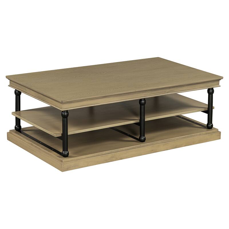 3-Tier Wood Coffee Table with Black Turned Legs & Dual Open Shelves by Harper&Bright Designs