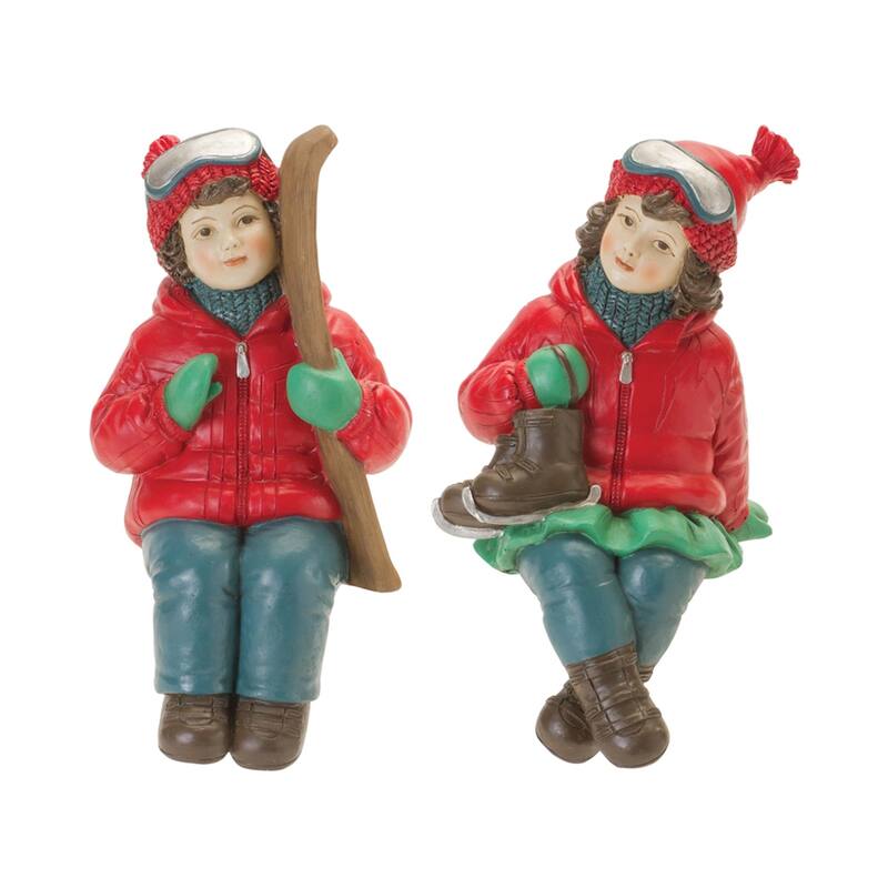 Children with Skis and Skates Shelf Sitter Christmas Figurines - 5" - Set of 4