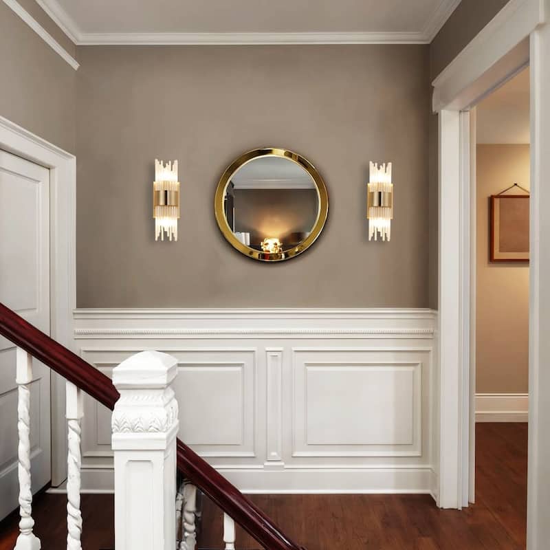 2-Light Modern Brass Wall Sconce with Clear Ribbed Glass Shade