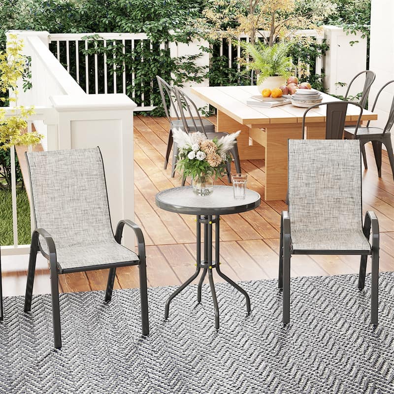 Grey and Black Small Patio Furniture Set with 2 Armchairs and Round Tempered Glass Table - 21.3" W x 28" D x 36.6" H