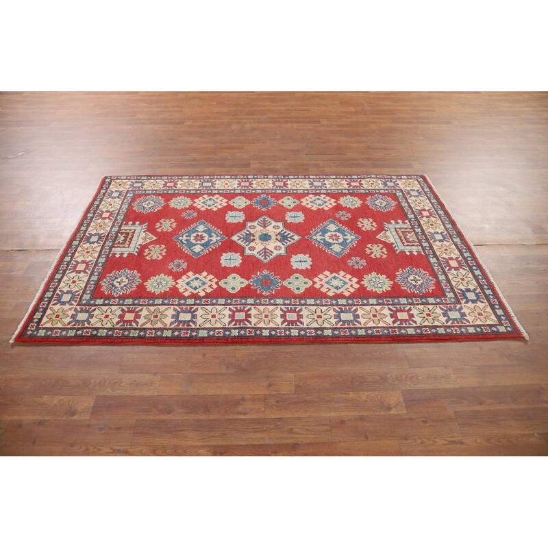 Red Geometric Kazak Oriental Accent Rug Hand-Knotted Wool Carpet - 3'11" x 6'3"