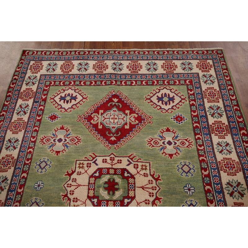 Green Geometric Kazak Area Rug Hand-Knotted Wool Carpet - 4'10" x 6'8"