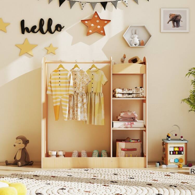 Kids Dress-Up Armoire with Mirror & Storage Wooden Costume Closet Organizer for Toddlers