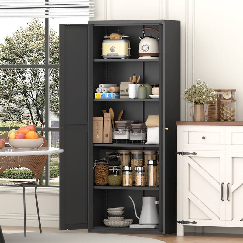 2 Doors Metal Storage Cabinet Kitchen Pantry Cabinet With Adjustable Shelves Tall Steel Cabinet Locker