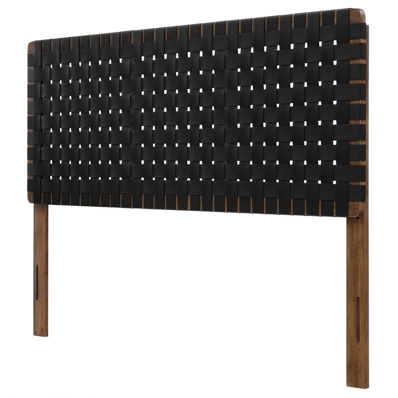 Ditmas Solid Wooden Black Leather Basket Weaved Queen Size Headboard