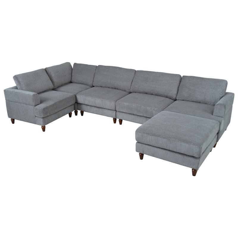 L Shaped Modular Sectional Sofa with Ottoman, Corduroy Upholstered Sleeper Sofa Bed, Corner Sectional Couch with Wooden Legs