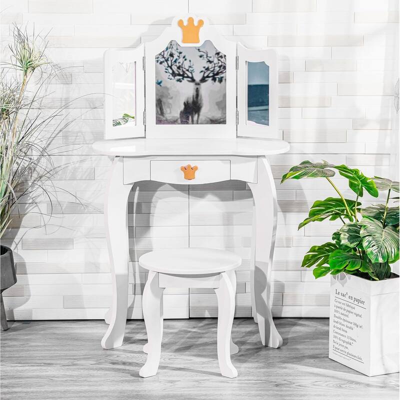 Kids Vanity Table with Tri-Folding Mirror & Drawer Makeup Desk