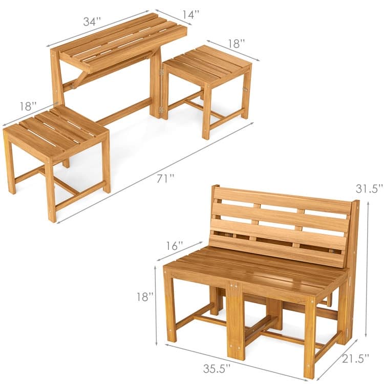 Natural Acacia Wood Convertible Loveseat Table Bench 3-in-1 Outdoor - 21.5" x 35.5" x 31.5"