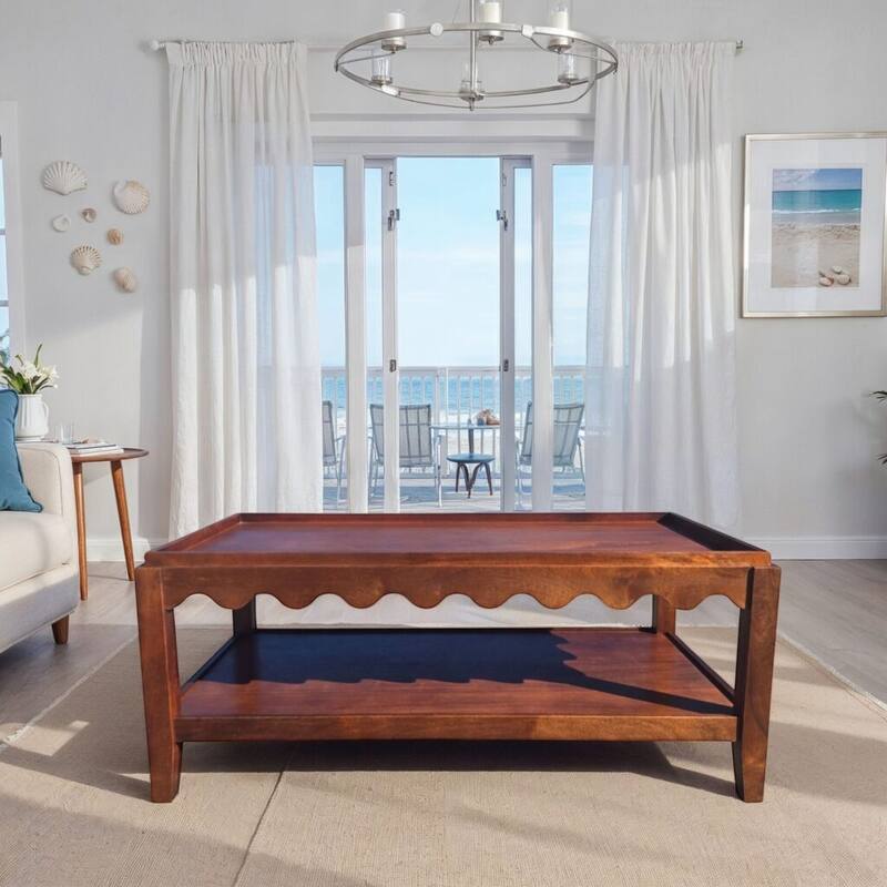 Carolina Chair & Table Scallop Coffee Table - Rectangular Mango Wood Side Table - Decorative Edge and Lower Shelf - Chestnut