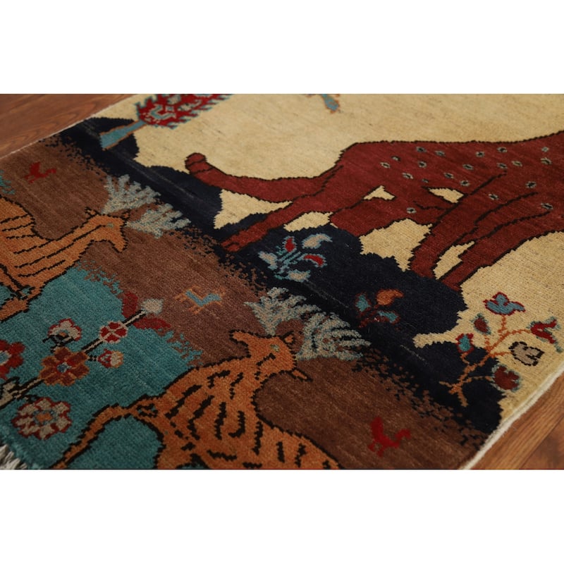 Animals Pictorial Kazak Oriental Foyer Rug Hand-Knotted Wool Carpet - 2'0" x 3'0"