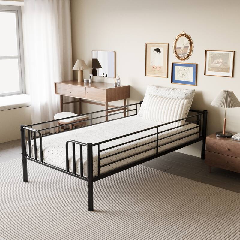 Twin over Twin Metal Pull-Out Bunk Bed with Guardrail, Built-In Ladder and Convertible Frame