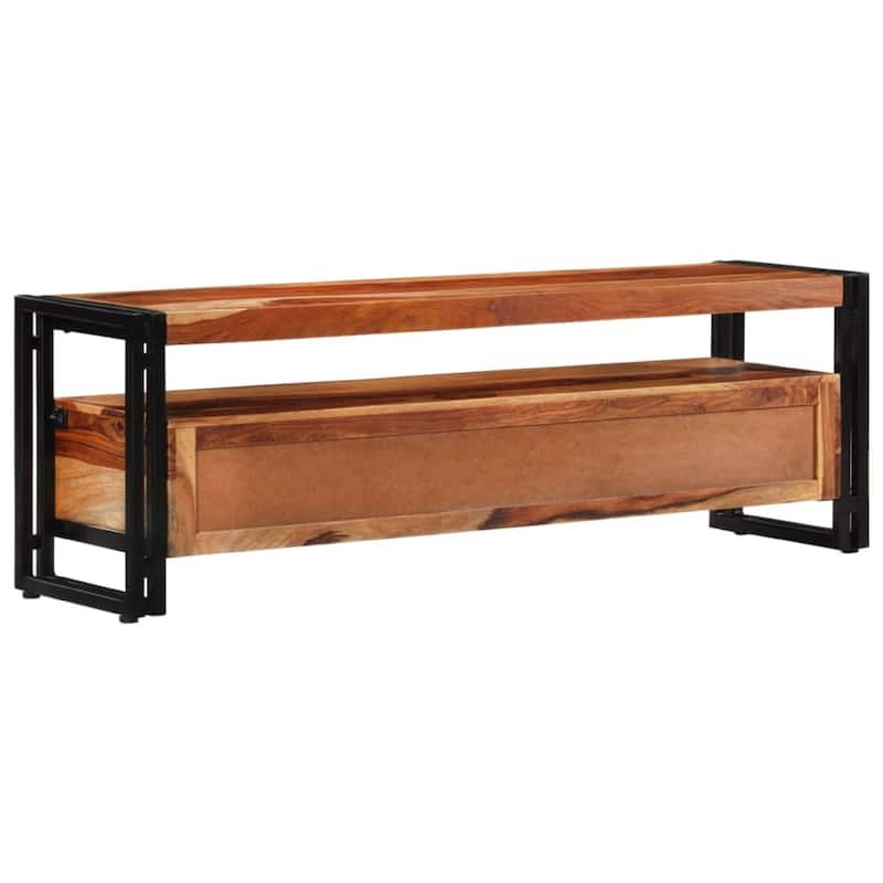 Kely TV Entertainment Media Cabinet, Brown Solid Sheesham Wood, Black Steel