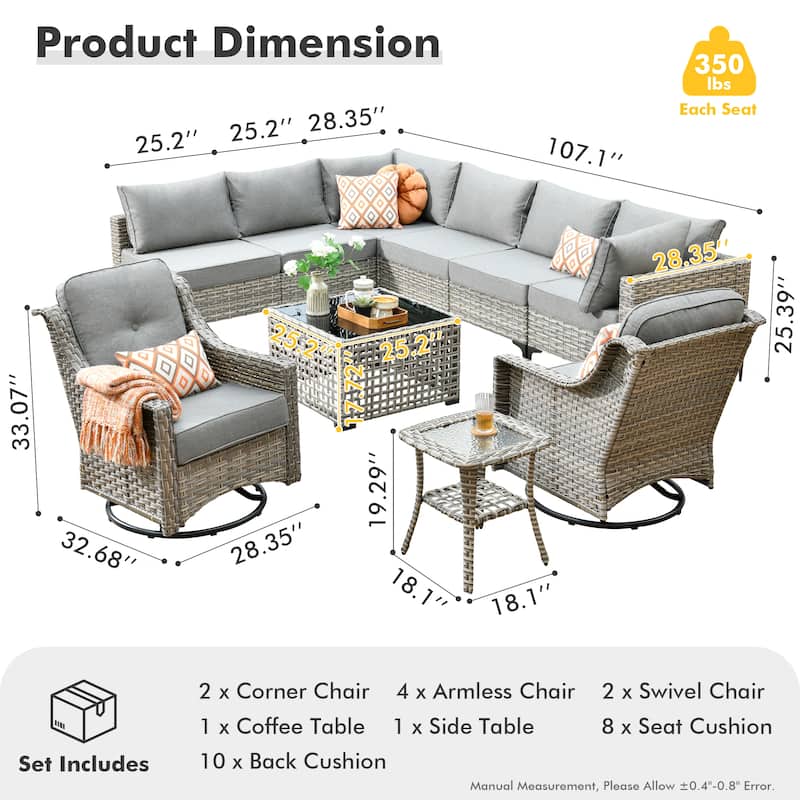 HOOOWOOO 10-piece Wicker Patio Furniture Set Sectional Sofa with Swivel Chair