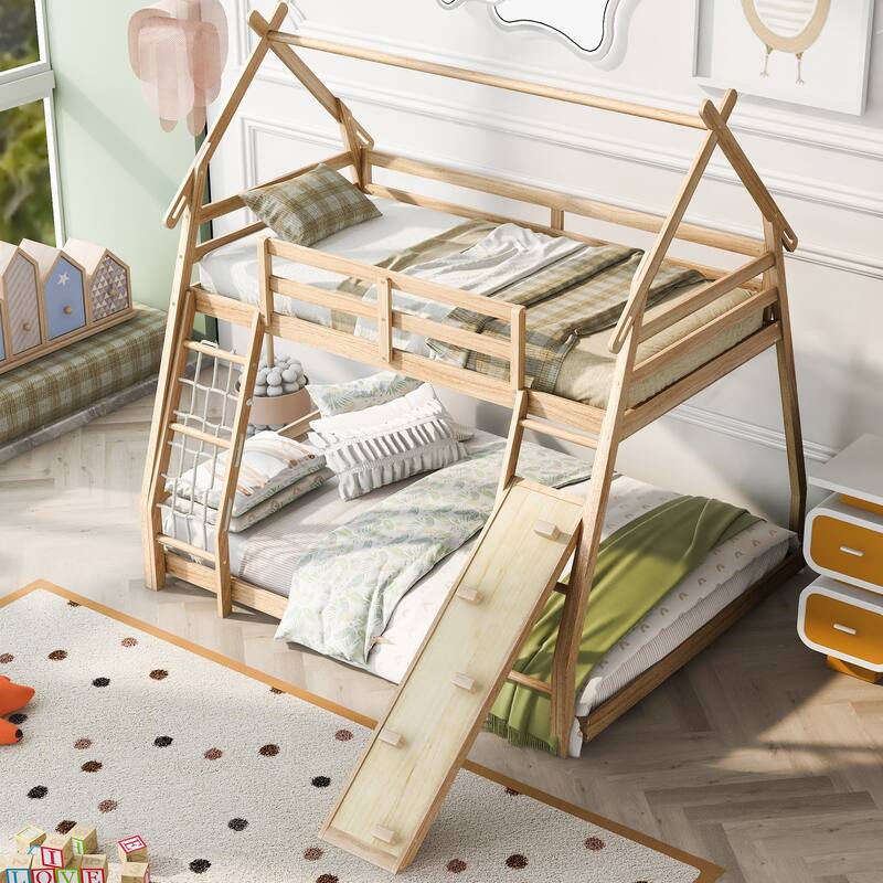 Twin Over Queen House Bunk Bed with Climbing Nets & Climbing Ramp - Natural - Queen