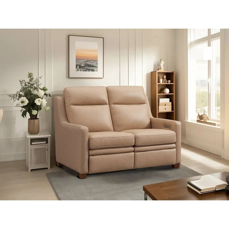Genuine Leather Recliner Sofa 56" Triple-Motor Power Zero-Wall Reclining Loveseat with USB&USB-C Port - Almond