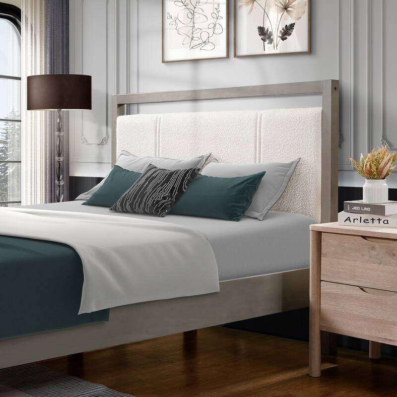Queen/King Size Platform Bed, Solid Wood Bed Frame with Ivory Boucle Upholstered Headboard and Footboard, Wooden Slats Support