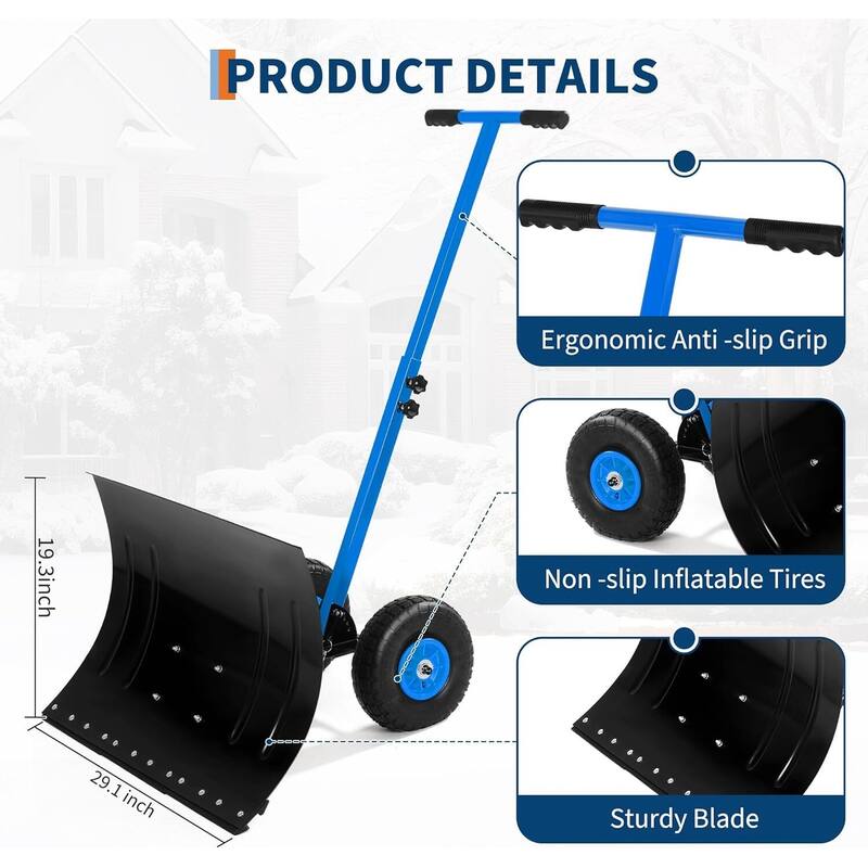 29.1 Wx 19.3 H Ergonomic T-Handle Heavy Duty Snow Shovel with Wheels for Driveway, Sidewalk