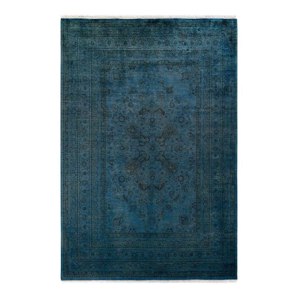 Overton Hand Knotted Wool Vintage Inspired Modern Contemporary Overdyed Blue Area Rug - 6' 1" x 9' 2"