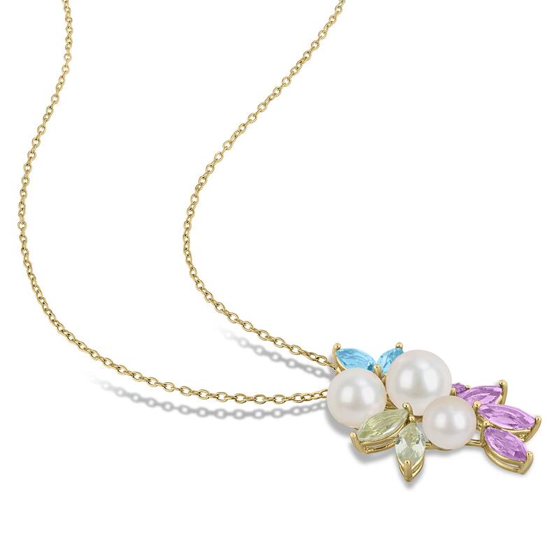 Miadora Cultured Freshwater Pearl and Multi-Gem Cluster Necklace Yellow Plated Sterling Silver