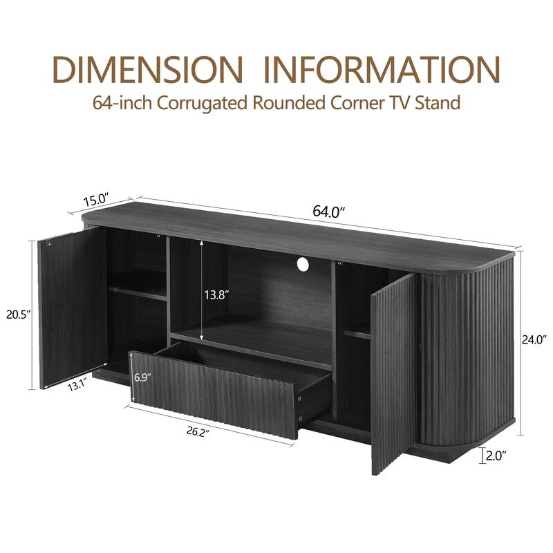 64" Modern Wavy TV Stand with Storage, Sideboard Buffet Cabinet w/ Vertical Stripe Doors, Media Console for Living Room,Entryway