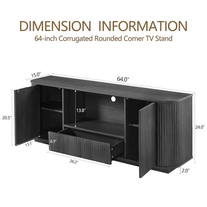 Mid-Century Modern Sideboard Storage Cabinet TV Stand with Drawer & Shelves, 64-Inch Wooden Wavy TV Cabinet with Open Storage