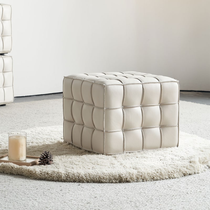17.32''Genuine Leather Tufted Ottoman,Footstool For Living Room & Bedroom - Beige