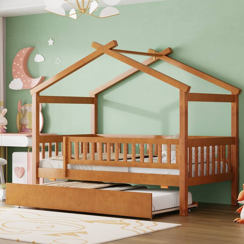 Roomfitters Wooden Twin House Bed with Trundle Roof Frame Solid Pine