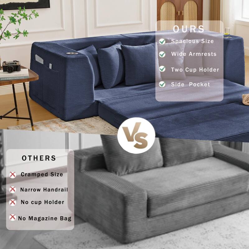 2 in 1 Convertible Sofa Bed, Sleeper Sofa with Storage Pockets, Pull Out Loveseat Couch with Two Cup Holders