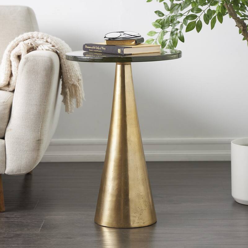 Aluminum Metal Geometric Cone Accent Table with Textured Glass Tabletop - Black or Gold - Roche River Decor