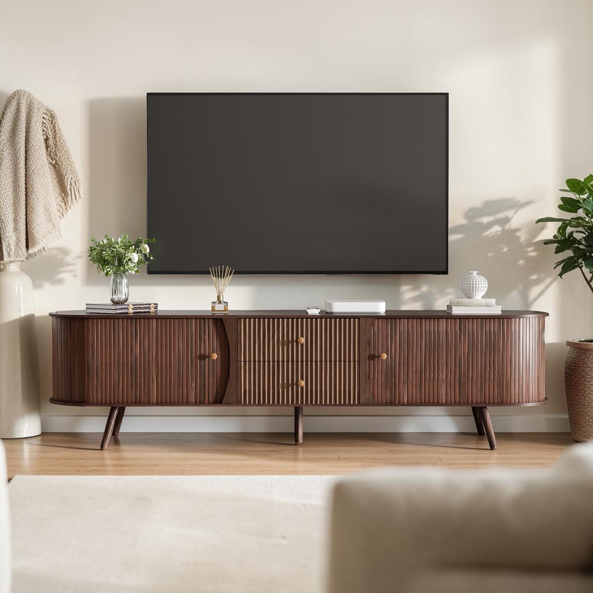 70-Inch Mid Century TV Stand with Tambour Doors, Fluted Drawers, Wood Media Console for TVs up to 80"