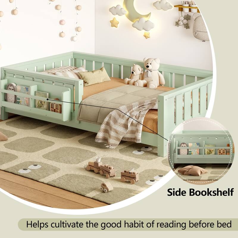Twin bed with built-in bookshelf and high-quality safety guardrail