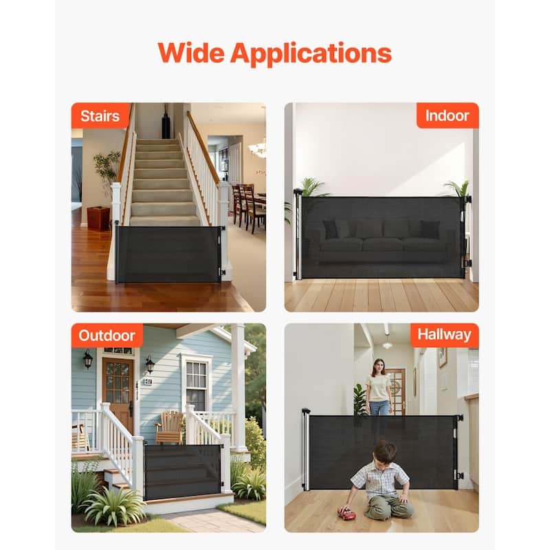 Retractable Baby Gate with Escape-Proof Bottom Hook and Mesh Design for Kids and Pets Safety